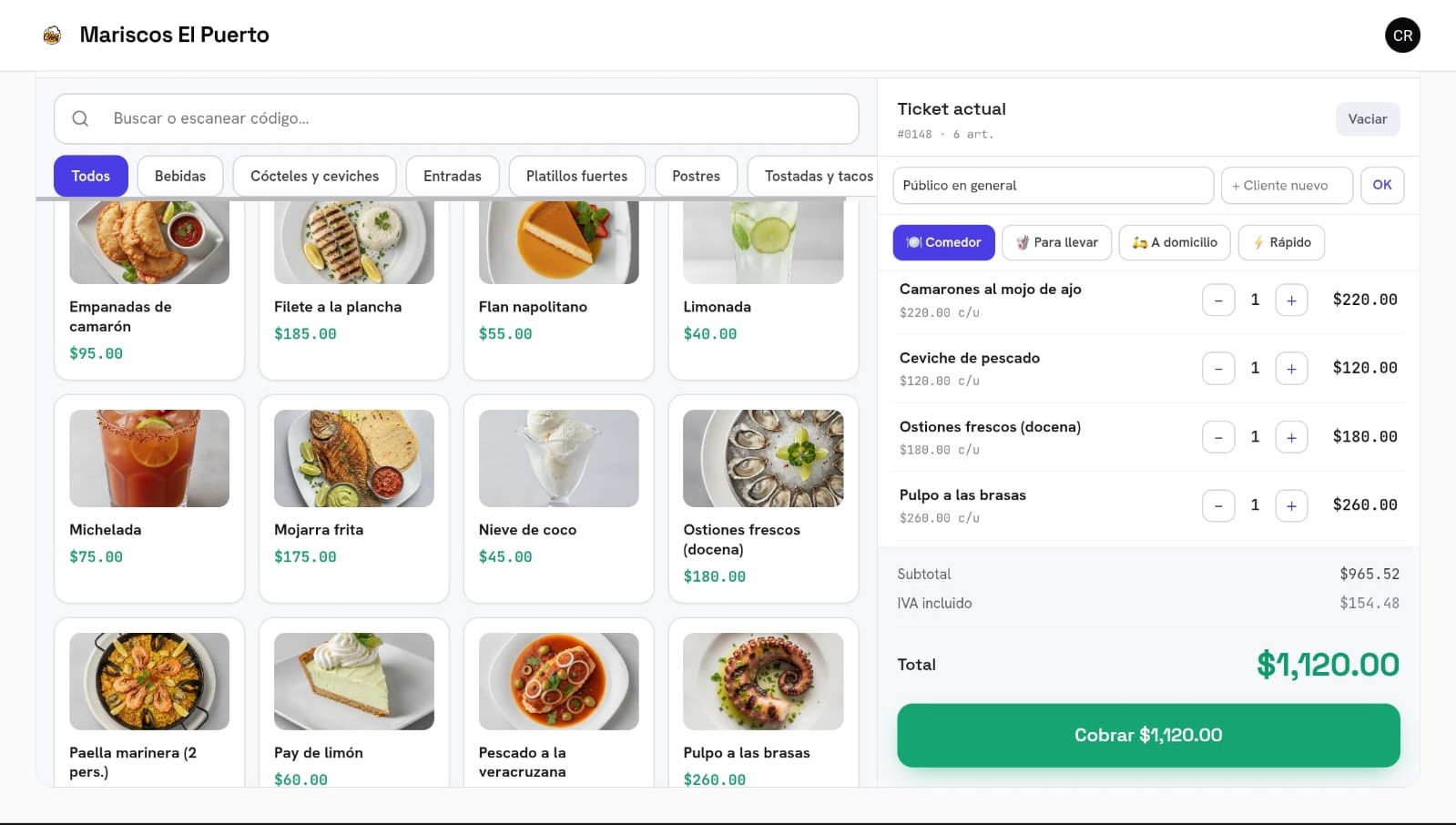 Pantalla de venta de Tomín con el menú de un restaurante de mariscos, el ticket y el botón de cobrar