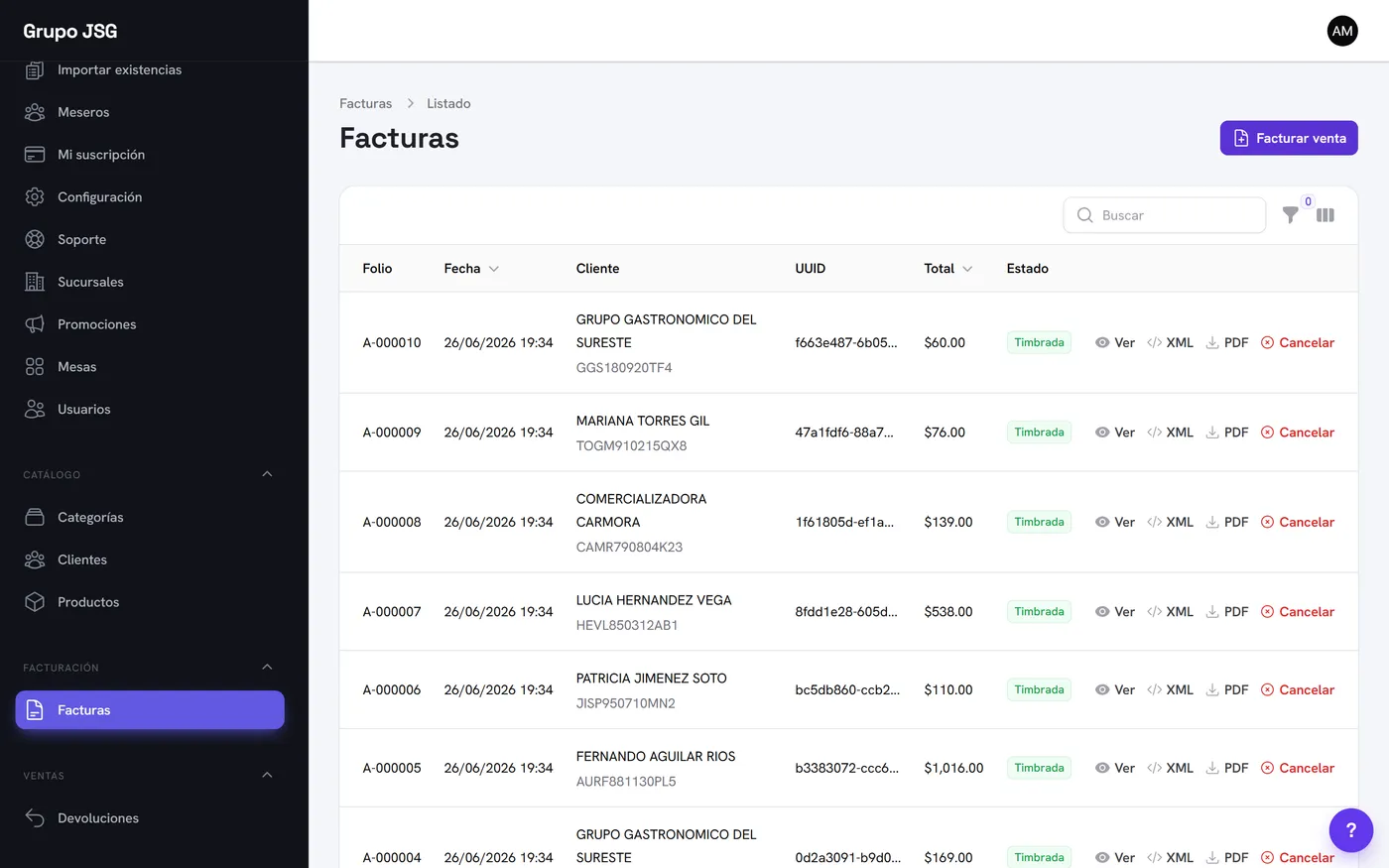 Listado de facturas CFDI timbradas en Tomín