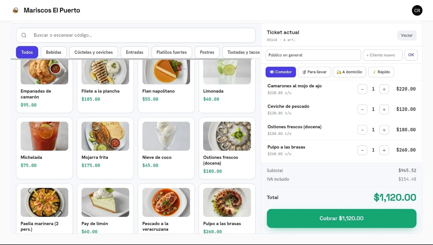 Pantalla de venta de Tomín con el menú y el ticket en curso