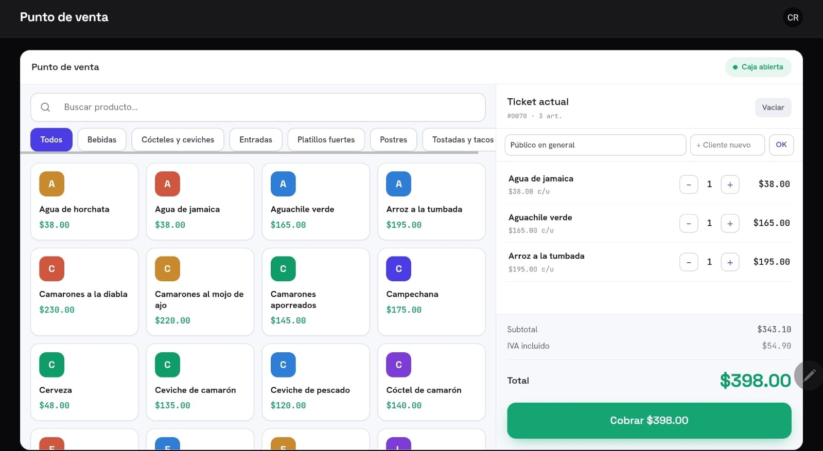 Pantalla de venta del punto de venta, lista para cobrar